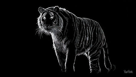 A detailed illustration depicts a tiger in shades of black and white. The animal is rendered with a textured, artistic style, set against a dark backdrop. The composition highlights the tiger's form through contrasting light and shadow. This image could be suitable for various commercial purposes, including design and print media.の素材