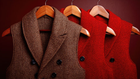 Three vests hang on wooden hangers, showcasing tailored designs. The vests display textures and diverse colors, including brown and red. The lighting enhances the garments. Suitable for commercial purposes, this image could be utilized to advertise fashion items in various marketing projects.の素材