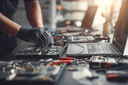 A technician wearing gloves works on electronics with various tools. The image depicts a close-up of hands manipulating wires and a circuit board. A row of computers is visible on a table. The composition suggests a workshop setting with artificial lighting, suitable for commercial projects.の素材
