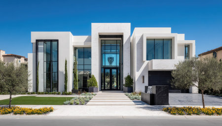A contemporary white house is presented under a bright blue sky. The building exhibits a clean, geometric design with large windows and a manicured lawn. The facade features a symmetrical layout. This image may be suitable for architectural design, real estate marketing or lifestyle publications.の素材