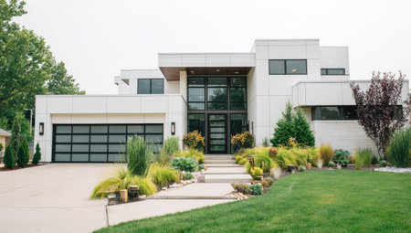 This image presents a modern, two-story house with a white exterior. The composition features a geometric design with large windows and a glass door. Surrounding the house, there is lush green grass and carefully maintained bushes. This image is suitable for architectural, real estate, and design-related commercial uses.の素材