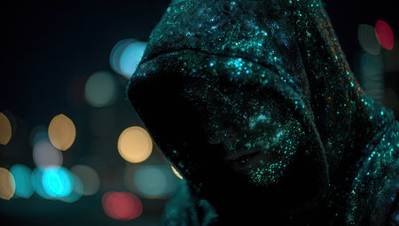 A person is shown wearing a dark hooded jacket, partially obscuring the face. The image is taken at night, with a soft focus bokeh of city lights. The composition and lighting give the image a mysterious feel, suggesting possible use in various commercial and editorial projects.の素材