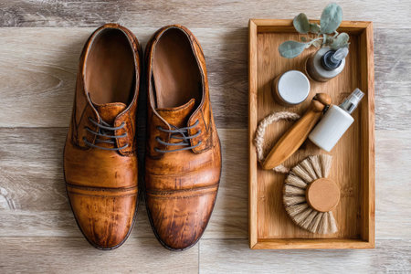 An overhead shot reveals a pair of brown leather shoes and a wooden tray filled with grooming items. The shoes exhibit a polished texture, with visible laces. The tray holds a brush, small jars, and decorative plant. The scene features warm lighting and a natural, wooden backdrop, suitable for commercial or lifestyle applications.の素材