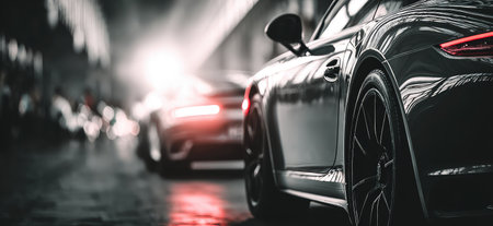 A shiny black sports car dominates the foreground, its contours reflecting the environment. The image showcases the vehicle's glossy surface, contrasted with the blurred lights of other vehicles. The overall composition suggests a sense of speed and motion. Ideal for automotive content, advertising, and editorial use related to transportation.の素材