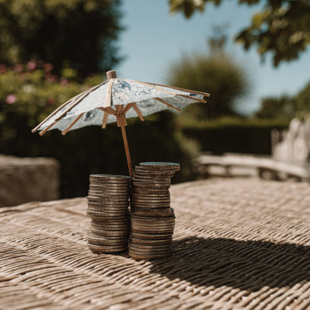 A miniature umbrella rests atop stacked coins on a textured surface. The image features soft, natural light, highlighting the stacks against a blurred background of green foliage. This composition could be used in financial illustrations or conceptual designs related to money and savings.の素材