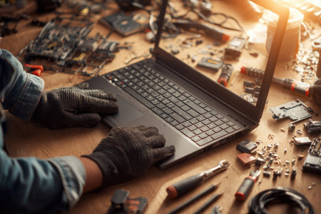 A close-up view depicts a technician's hands in gloves working on a laptop. The scene is illuminated by warm lighting, showcasing various tools and electronic components scattered across a wooden surface. This composition could be used for illustrating repair services or technology-related articles.の素材