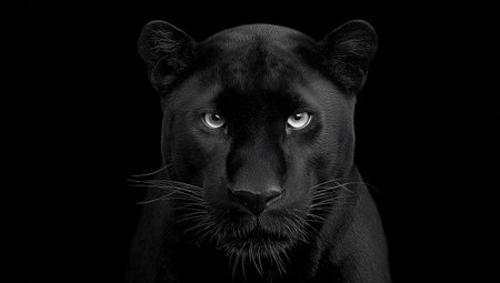 A close-up image showcases a black panther, its sleek fur contrasting with the dark background. The composition highlights the animal's intense gaze and powerful features, with the lighting creating depth and dimension. Suitable for various design projects, this image could be utilized for editorial content and commercial applications.の素材