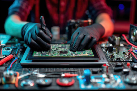 A person wearing gloves examines a circuit board surrounded by tools and electronic components. The image presents a close-up perspective with selective focus on the board. The color palette incorporates a mix of cool and warm tones, with focused lighting. This image could be used for illustrating technology, engineering, or repair concepts.の素材