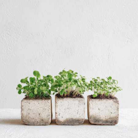 Three potted plants with green foliage are arranged on a white surface, set against a plain backdrop. The plants sit in square, light-colored containers. The image utilizes natural lighting, casting gentle shadows. This composition may be used for a variety of purposes, including illustrating growth or nature.の素材