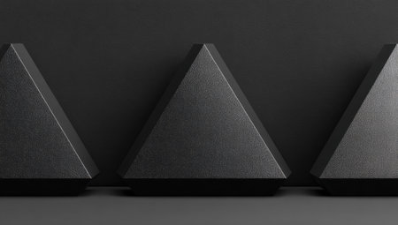 Three matte black pyramid shapes are arranged in a row against a solid black backdrop. The composition features strong symmetry, with sharp lines and defined edges. The lighting is diffused, casting soft shadows. This image could be used for various design, marketing, or conceptual projects.の素材