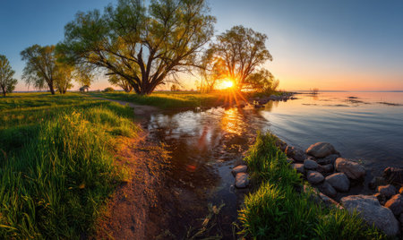 A picturesque lakeside view captures the golden light of sunset. Lush green trees frame the water's edge, reflecting the sky's colors. The image showcases natural textures and a serene composition. Suitable for environmental themes, travel features, and artistic representations. It offers versatility for a range of editorial and commercial applications.の素材