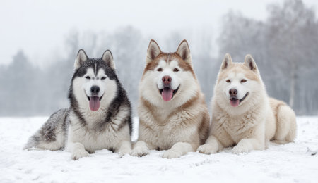 Three Siberian huskies are presented lying down in a snowy setting. The dogs exhibit variations in coat color. The composition highlights the dogs against a blurred backdrop. The lighting is soft and diffused, creating a serene atmosphere, suitable for editorial and commercial applications.の素材
