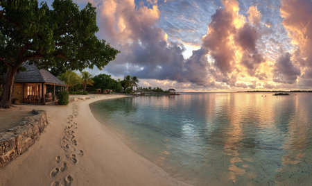 A scenic coastal view features a sandy beach and a clear body of water reflecting the colorful sunset sky. The composition emphasizes natural light and shadow play. This image could be used in travel advertising or to illustrate themes of relaxation and natural beauty, evoking a sense of tranquility.の素材