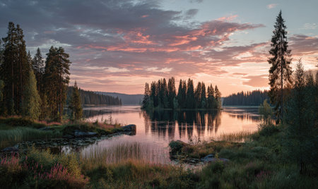A serene landscape depicts a lake with a forest-covered island under a vibrant sky. The scene shows the reflection of the sky on the calm water surface. The composition uses natural light creating a peaceful atmosphere. Ideal for illustrating natural beauty, travel destinations, or environmental concepts, with potential use in editorial or commercial projects.の素材