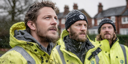 This image presents three men wearing high-visibility work jackets, gazing upwards. The photograph displays a medium shot with a shallow depth of field, set outdoors under an overcast sky. The men are wearing casual hats. Suitable for commercial projects emphasizing labor, teamwork, or environmental themes.の素材
