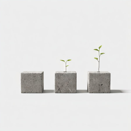 The image features three gray concrete cubes with small green plants growing from them. The minimalist composition, set against a white background, emphasizes the plants. The lighting is soft, and the overall style is clean. This image could be used for various commercial or editorial projects.の素材