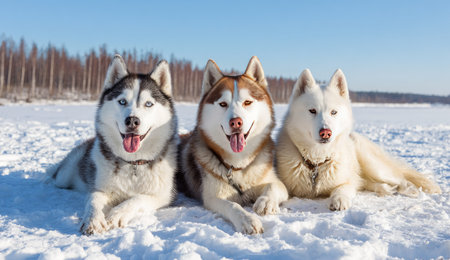 Three Siberian Huskies are depicted lounging in a snowy environment under a clear, blue sky. The dogs display diverse fur patterns, from gray and white to brown and cream. The composition showcases a medium shot with direct lighting, evoking feelings of calm and companionship, suitable for commercial projects.の素材