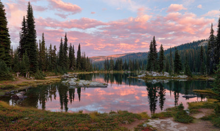 A calm lake reflects a vibrant sunset sky. Tall evergreen trees frame the water, creating a symmetrical composition. The scene showcases soft textures with pastel hues of pink and blue. The natural setting suggests potential use for travel, environmental, or scenic themes.の素材