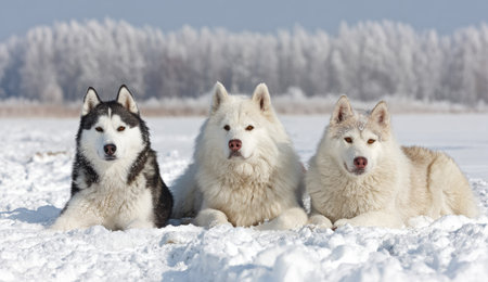 Three Siberian Huskies are the main subjects of this image, lying in the snow. The dogs have thick fur coats in shades of white, black, and gray. The composition features a snowy foreground and a blurred background of bare trees, under a bright daylight. The image could be used for various commercial or editorial purposes.の素材