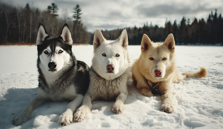 Three husky dogs are seen resting in a snow-covered environment. The dogs feature black, white, and tan fur. The image utilizes natural lighting and a wide composition with a backdrop of a forest. The scene could be suitable for various commercial or editorial applications related to animals or winter.の素材