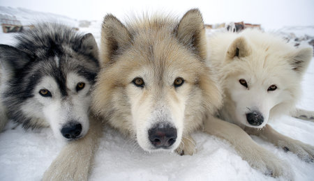 Three wolves rest in a snow-covered landscape. The image features a close-up composition, showcasing the animals' fur and facial features. The lighting suggests an outdoor setting with overcast conditions. Potential uses include editorial illustrations, educational materials, and wildlife-themed projects.の素材