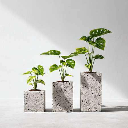 Three plants with vibrant green leaves are displayed in concrete square planters. The image showcases a studio setup with soft lighting and shadows, enhancing the textures. The composition is clean and modern, suitable for various editorial and commercial applications. The neutral background helps isolate the plants.の素材