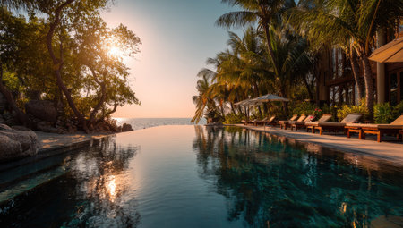 An infinity pool reflects the sky and trees, merging with the ocean horizon. Sunlight bathes the scene in warm tones, with shadows adding depth. Palm trees and other foliage frame the view. Suitable for travel brochures, luxury lifestyle editorials, and similar commercial applications.の素材