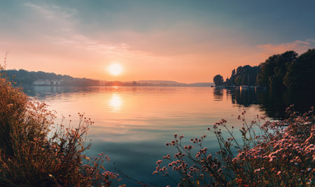 A breathtaking sunset illuminates a calm lake, casting warm hues across the water. The scene features lush vegetation in the foreground and silhouettes of trees along the distant shoreline. The image conveys a peaceful ambiance, suitable for various editorial and commercial applications. The composition emphasizes the natural beauty.の素材