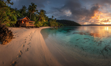 A wooden cabin sits on a sandy beach, surrounded by palm trees, under a dramatic sky. The scene features a calm ocean reflecting the colors of the sunset. This visual offers a sense of peace and natural beauty, suitable for travel, tourism, and lifestyle content.の素材