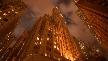 A tall skyscraper dominates the frame, its many windows emitting warm light against a darkened sky. The building's intricate facade is visible, with a composition that emphasizes height and vertical lines. The color palette primarily features shades of brown and orange, suggesting an evening or night setting. This image is suitable for various commercial uses.の素材