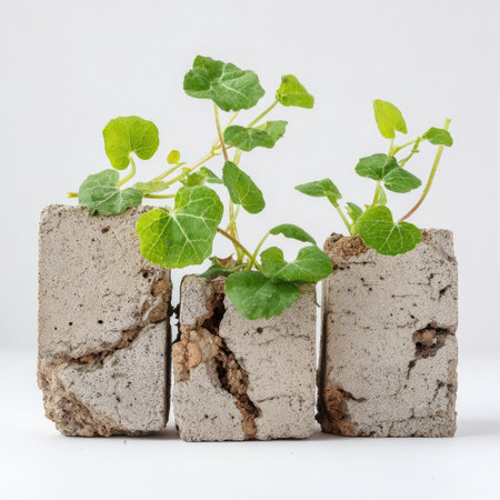Three concrete planters stand in a row, each holding a vibrant green plant. The plants have round leaves and delicate stems. The planters exhibit a weathered texture and visible cracks. The lighting appears soft and even, highlighting the contrast between the rough concrete and the fresh foliage, suitable for various editorial and commercial applications.の素材