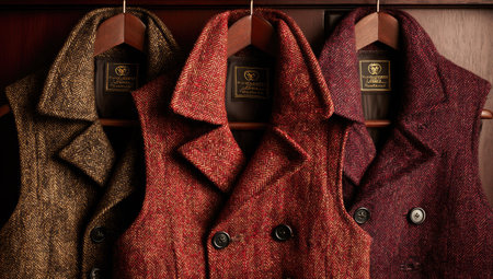 Three vests of varied hues hang against a dark, wooden backdrop. The vests are crafted from textured wool, exhibiting detailed button closures and lapel collars. The lighting appears soft, possibly indicating an indoor setting. Suitable for various fashion-related projects, including advertisements and editorial content.の素材