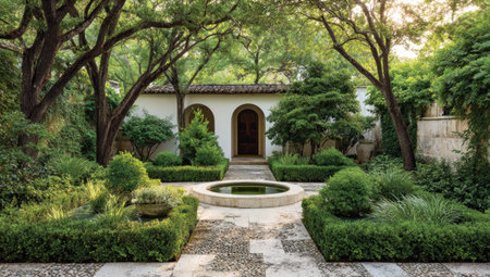 A well-manicured garden features stone pathways leading to a central water feature, surrounded by trimmed hedges and lush greenery. The scene presents a white structure with arched doorways, framed by mature trees. The composition utilizes natural lighting, suggesting an outdoor setting suitable for various editorial and commercial applications.の素材