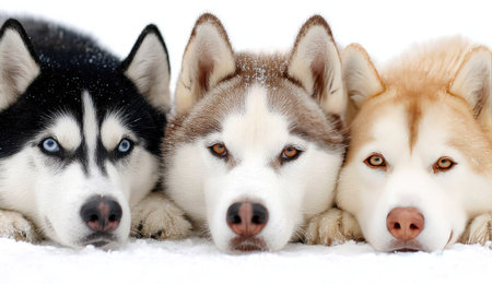Three Siberian Huskies are depicted together, resting close on a white, snowy background. The dogs feature various shades of brown and black markings, with varying eye colors. The lighting appears soft, indicating an outdoor, daytime setting. This image is suitable for various commercial uses, including advertising and editorial content.の素材