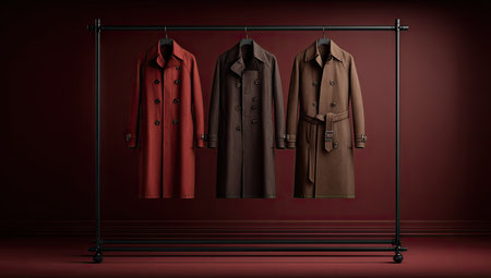 This image showcases three coats in varying shades of red, brown, and tan suspended from a simple clothing rack. The coats are displayed against a deep red backdrop, with soft lighting enhancing their textures. This studio-style shot might be suitable for fashion advertising, editorial content, or promotional materials.の素材