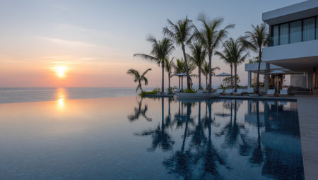 An inviting scene features an infinity pool blending into the horizon with swaying palm trees. The composition includes a modern building and a serene ocean backdrop. Warm light from the setting sun bathes the scene. This image could be used for various projects, including travel or lifestyle themes.の素材