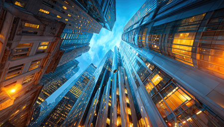 An upward perspective captures tall buildings and skyscrapers. The image displays a dramatic composition with lines converging towards the sky. The architecture features a mix of textures and is bathed in cool and warm light, suggesting either day or evening. Suitable for commercial or editorial applications.の素材