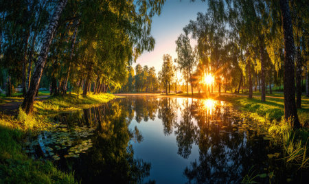 A picturesque landscape presents a lake surrounded by trees with lush green foliage. The water surface mirrors the sky and surrounding environment. Sunlight filters through the trees, casting a warm glow. This image could be suitable for various commercial or editorial uses, capturing the essence of natural beauty.の素材