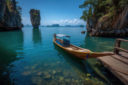 A wooden boat rests near a pier, set amidst a serene seascape featuring towering rock formations. The composition showcases vivid blue waters and a clear sky, illuminated by bright sunlight. This visual may be suitable for travel, tourism, or environmental themes. The scene evokes a sense of peace and natural beauty.の素材