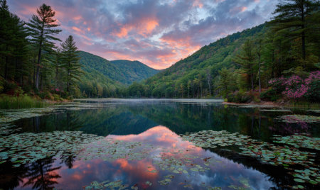 A calm lake reflects a vibrant sunset sky and surrounding forested mountains. The composition features a natural outdoor environment, showcasing the colors of dusk. The scene could be utilized for various commercial and editorial projects, providing a sense of peace and natural beauty.の素材