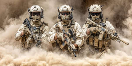 This image presents three soldiers in tactical gear, holding rifles. The composition features a dynamic arrangement with swirling sand or dust, suggesting an outdoor environment. The color palette primarily consists of beige and brown tones, complemented by the military uniforms and equipment. It has potential uses for editorial or commercial purposes.の素材
