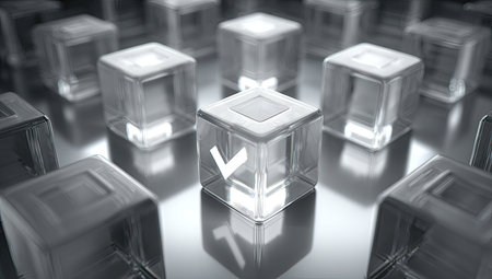 The image features multiple transparent cubes with check mark symbols embedded within. The cubes are arranged on a reflective surface that enhances the depth of field. The scene is illuminated, creating highlights and shadows, and the overall composition lends itself well to conceptual designs with commercial applications.の素材