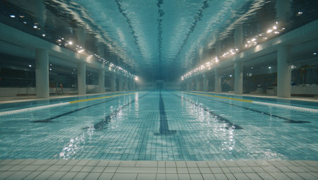 An underwater view reveals a long, empty swimming pool illuminated by overhead lights. The clear water reflects the lighting, creating a shimmering effect. The composition highlights the geometric lines of the pool, which could be used for various commercial or editorial projects. The cool tones suggest a calm, indoor environment.の素材