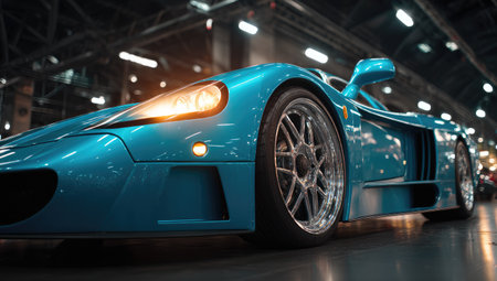 A vibrant turquoise sports car is showcased indoors, likely within a modern showroom. The image highlights the vehicle's design and details with a low-angle shot, presenting a sleek, glossy exterior. The scene is illuminated by strong overhead lighting, suggesting a commercial environment suitable for automotive promotion or related editorial content.の素材