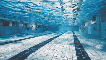 An underwater perspective captures the interior of a swimming pool. The scene is dominated by a clear blue hue, showcasing tiled surfaces and lane markers. The lighting appears natural, suggesting daylight filtering through the water. This image could be suitable for various commercial or editorial applications.の素材