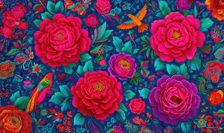 This artwork presents a rich tapestry of flowers and birds. Bold red, pink, and purple flowers are interspersed with stylized birds, all set against a dark blue background. The style is illustrative with a focus on vibrant colors. Ideal for use in textiles, design projects, or editorial content.の素材