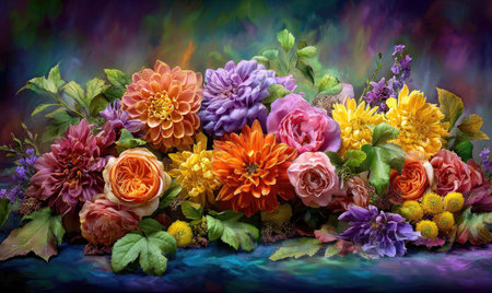 A lavish arrangement of various flowers displays a rich tapestry of colors. Orange, purple, pink, and yellow blossoms dominate the composition, contrasted by green leaves. The artistic style features blended textures and diffused lighting. This image may be suitable for decorative designs, editorial content, and various creative projects.の素材