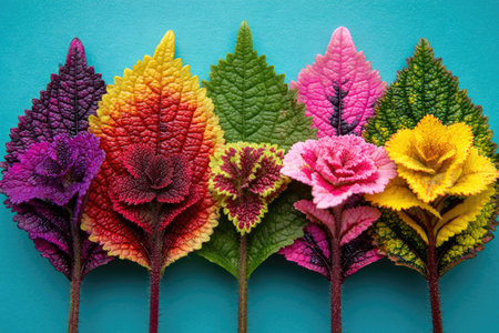 An assortment of colorful leaves are arranged against a teal background. The image showcases a range of hues, including red, purple, yellow, and green. The composition appears to be shot with overhead lighting, emphasizing the textures. This image could be used for various commercial projects and editorial content.の素材
