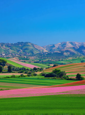 This image showcases a scenic agricultural landscape, featuring colorful fields and rolling hills under a bright blue sky. The composition emphasizes vibrant greens and pinks, suggesting a spring or summer setting. This photograph could be utilized for various commercial purposes, including travel brochures and educational materials.の素材
