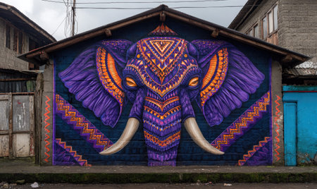 An eye-catching mural adorns an exterior building facade, presenting a vividly colored elephant. The artwork features a striking palette of purple and orange hues, with intricate geometric patterns embellishing the elephant's form. The composition emphasizes symmetry and bold lines, lending the scene a contemporary artistic flair, suitable for various editorial and commercial applications.の素材